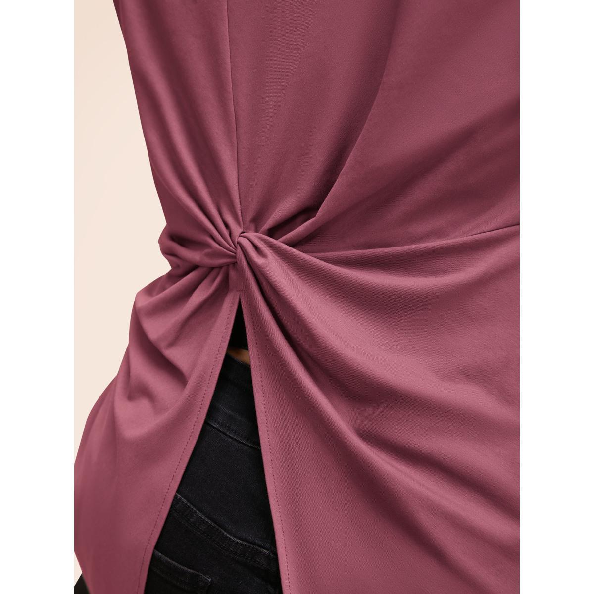 Plus Size Solid Twist Back V Neck Short Sleeve T-shirt Russet Women Casual Plain Plain V-neck Dailywear T-shirts BloomChic 10/M Product Image