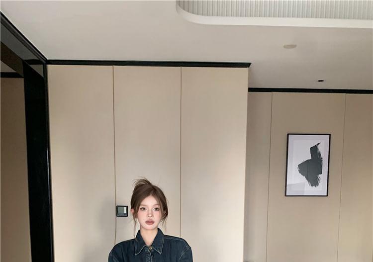 Long-Sleeve Washed Button-Up Denim Shirt / High Rise Wide Leg Jeans Product Image