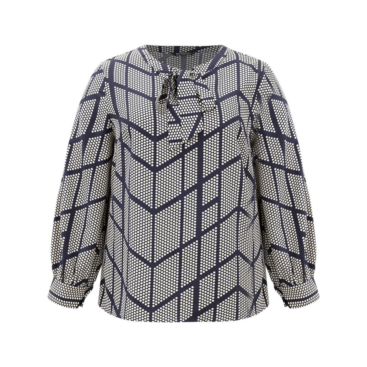 Plus Size Indigo Polka Dot Knot Neck Blouse Women Office Long Sleeve Tie Neck Work Blouses BloomChic 22-24/3X Product Image