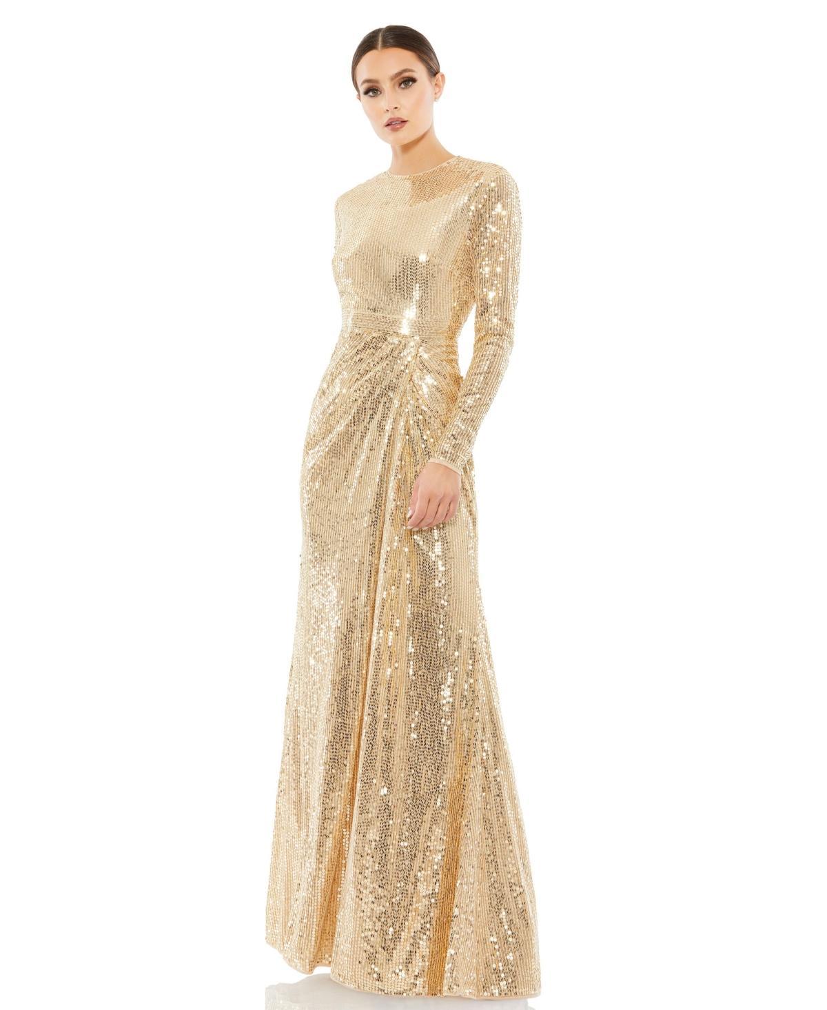Womens Sequined High Neck Long Sleeve Draped Gown Product Image