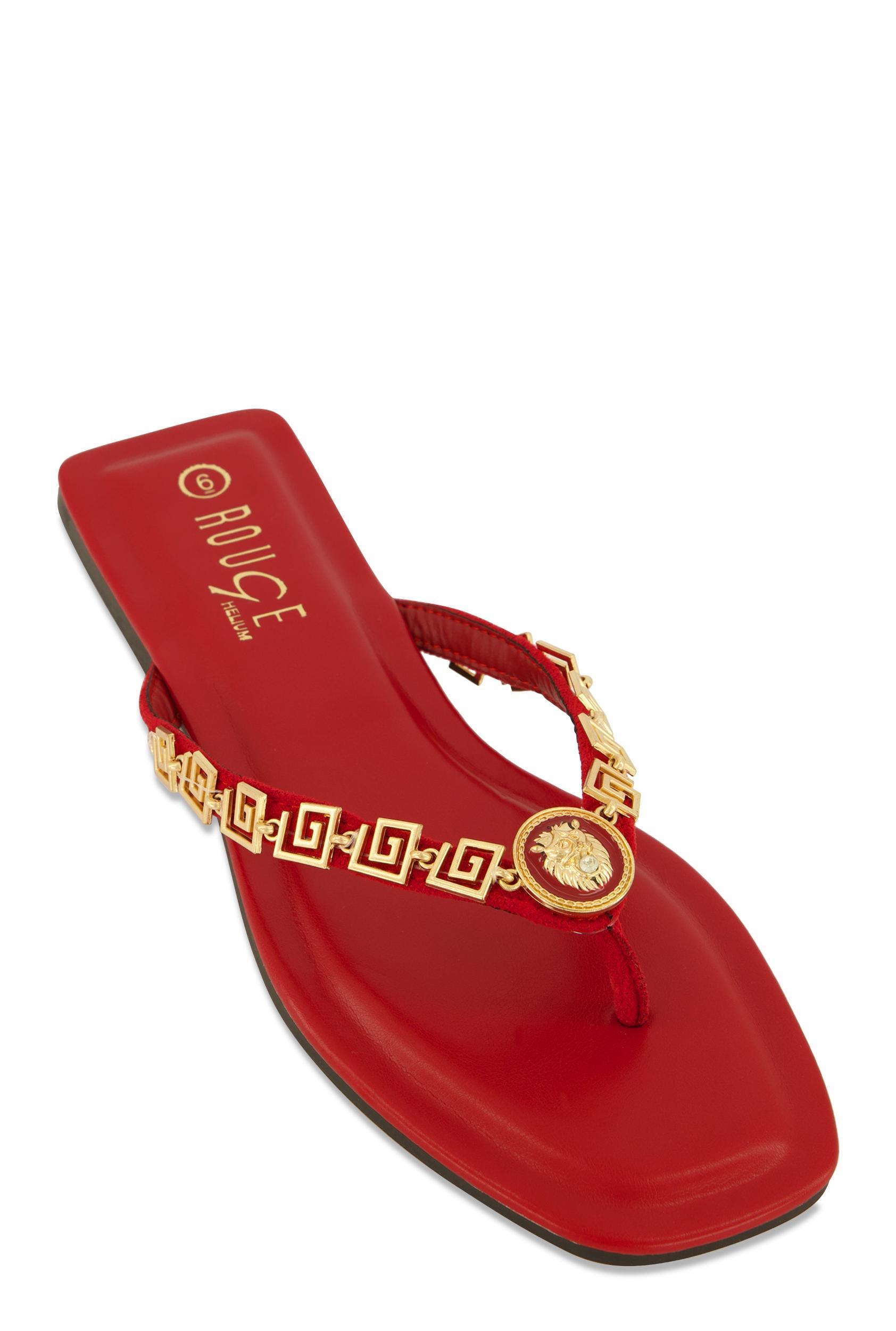 Womens Lion Pendant Greek Key Chain Thong Sandals Product Image