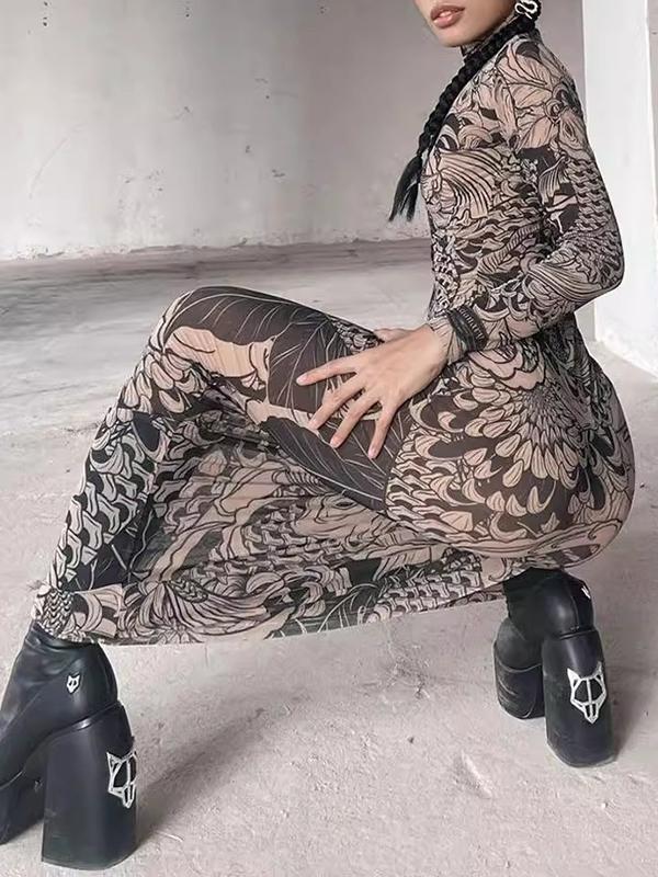 Long Sleeves Skinny Printed See-Through Split-Joint High Neck Evening Dresses Maxi Dresses Product Image