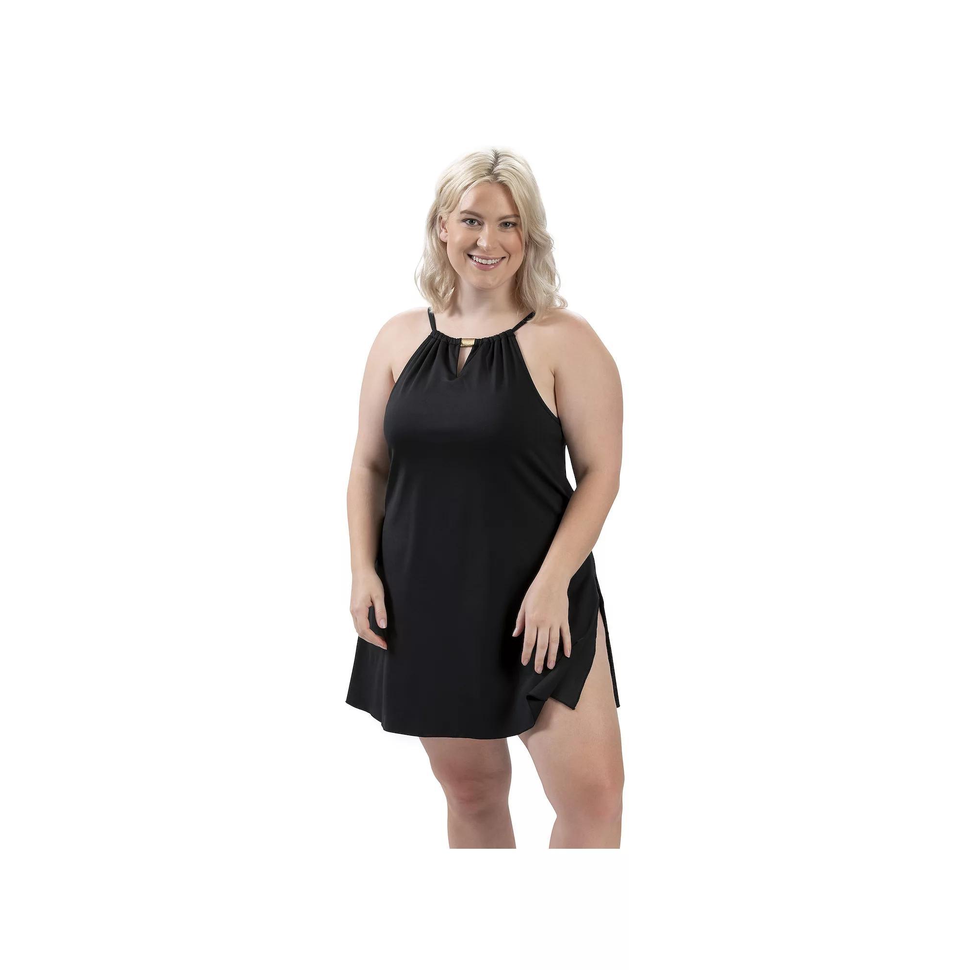 Women's Dolfin Aquashape UPF 50+ Solid A-Line One-Piece Swim Dress, Size: 14, Black Product Image