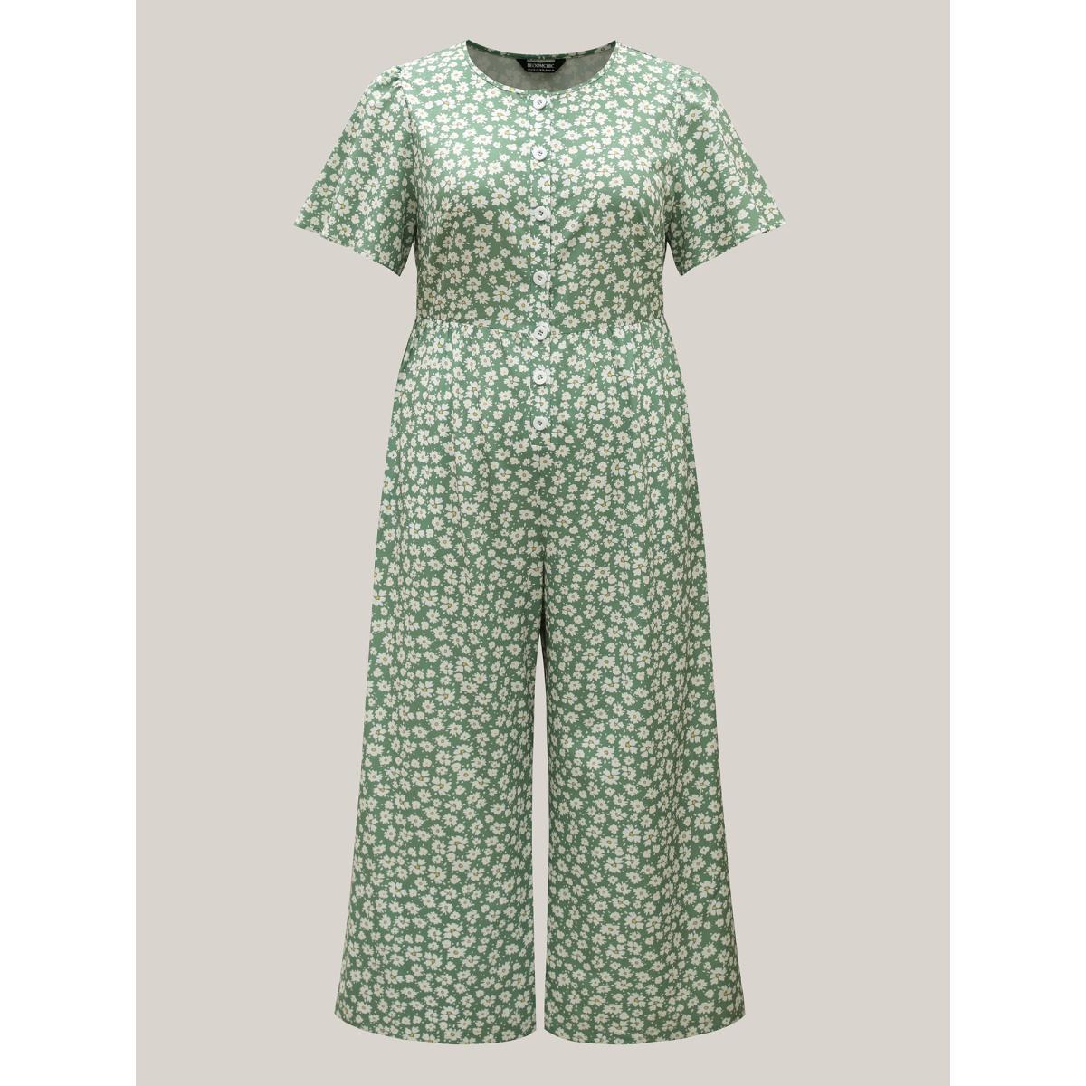 Plus Size Greenbean Floral Print Pockets Wide-Leg Jumpsuit Women Elegant Short sleeve Round Neck Everyday-Elegant Loose Jumpsuits BloomChic 28/5X Product Image