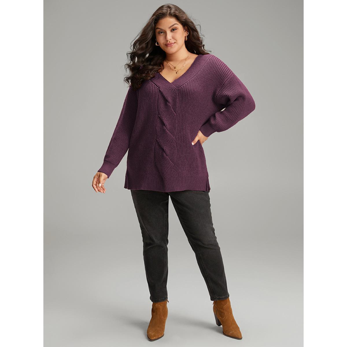 Plus Size Cable Knit Split Side Elastic Cuffs Pullover Eggplant Women Casual Loose Long Sleeve V-neck Dailywear Pullovers BloomChic 14-16/1X Product Image