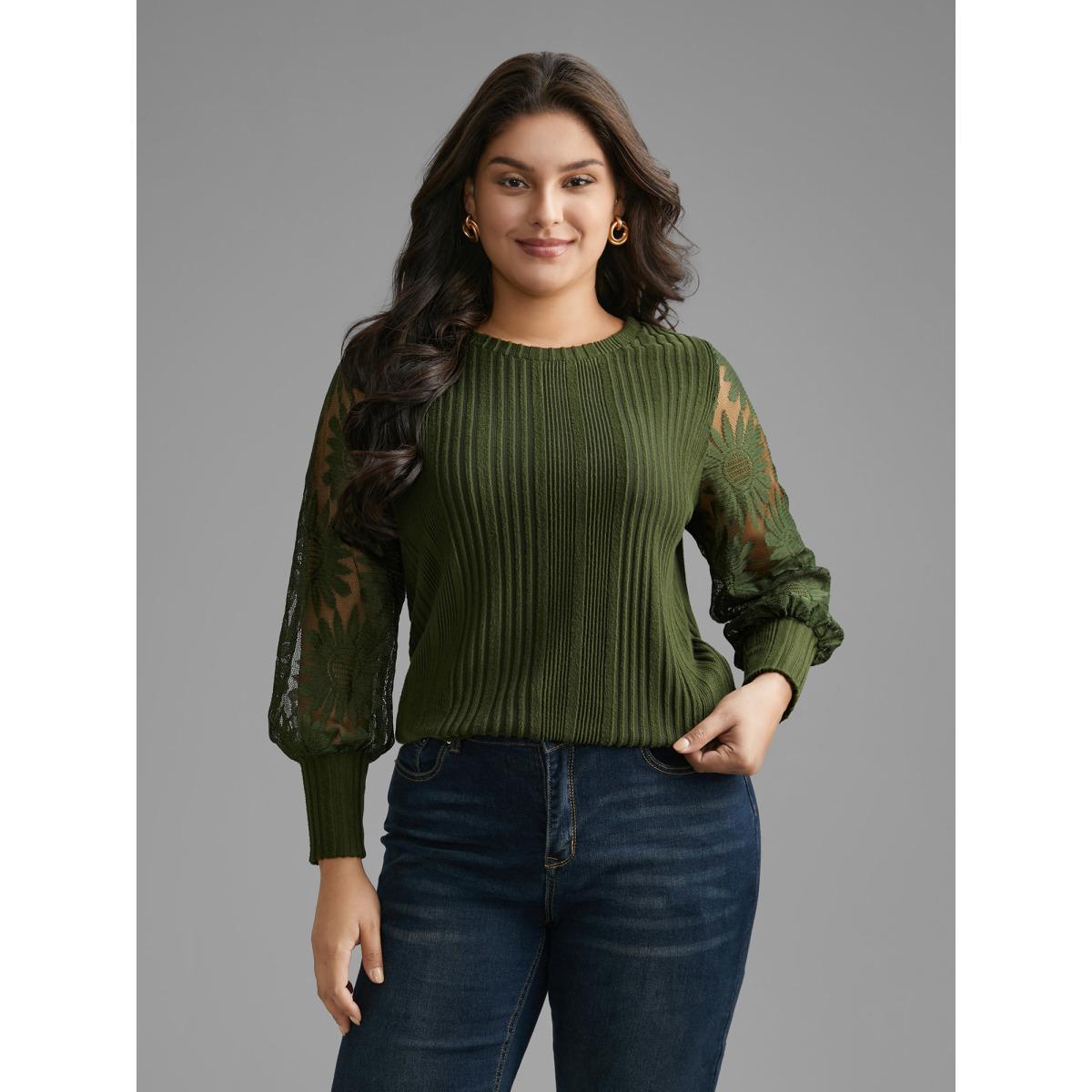 Plus Size Texture Lace Patchwork Mesh T-shirt DarkGreen Women Elegant Texture Round Neck Everyday T-shirts BloomChic 26/4X Product Image