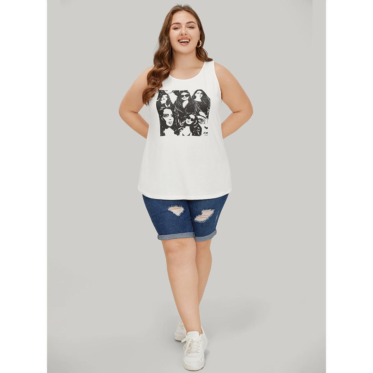 Plus Size Figure Print Sleeveless Tank Top Women White Casual Dailywear Tank Tops Camis BloomChic 18-20/2X Product Image