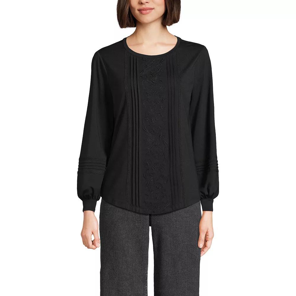 Women's Lands' End Long Sleeve Lightweight Jersey Pintuck Embroidery Top, Size: Small, Black Product Image