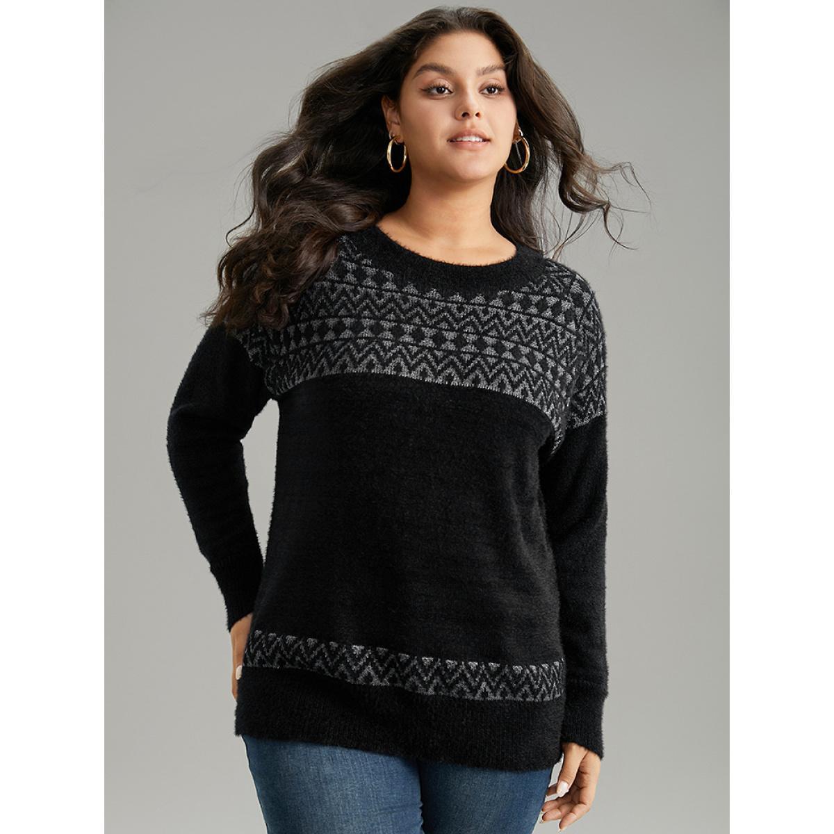 Plus Size Bandana Print Fuzzy Sparkly Pullover Black Women Casual Loose Long Sleeve Round Neck Dailywear Pullovers BloomChic 12/L Product Image