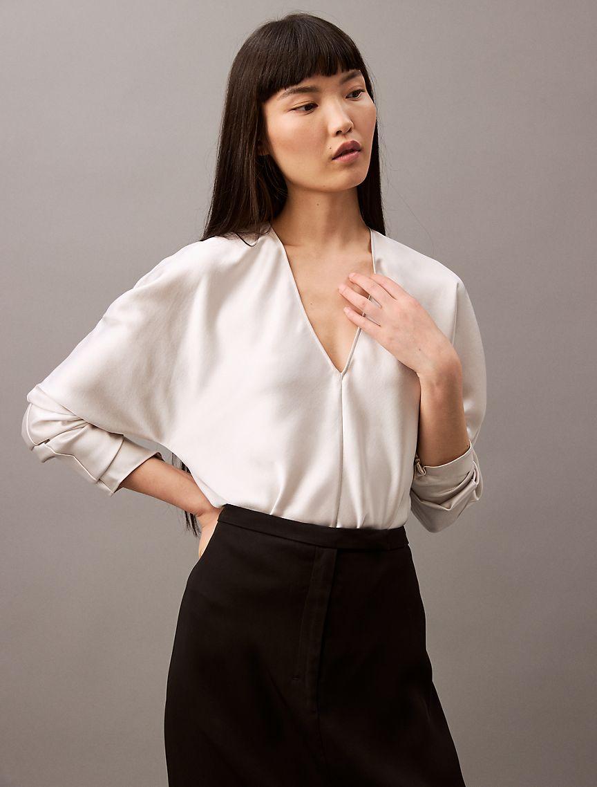 Calvin Klein Women's Satin V-Neck Blouse - Purple - XS Product Image