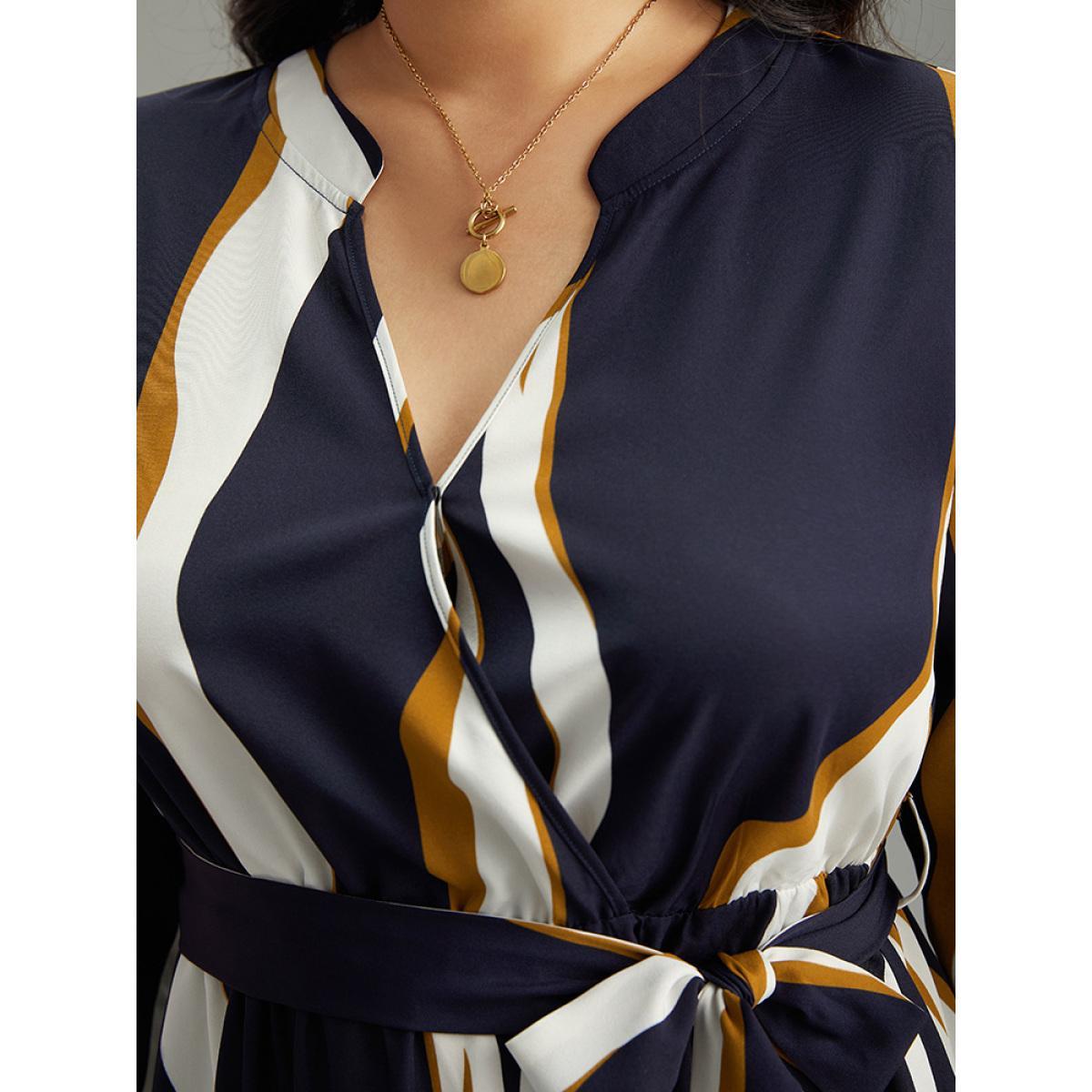 Plus Size Water Ripple Belted Overlap Collar Pocket Dress Indigo Women Office Wrap Overlap Collar Elbow-length sleeve Curvy Midi Dress BloomChic 14-16/1X Product Image