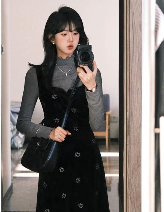 Notch Neck Floral Velvet Mini Dungaree Dress Product Image
