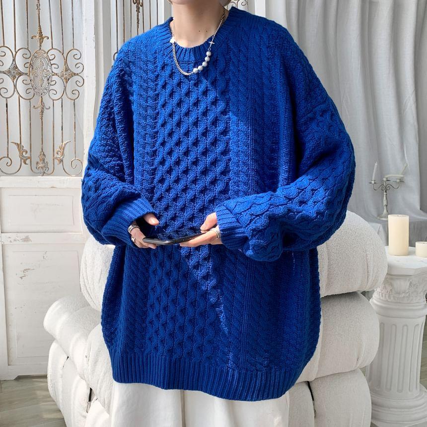 Crewneck Cable Knit Plain Sweater Product Image