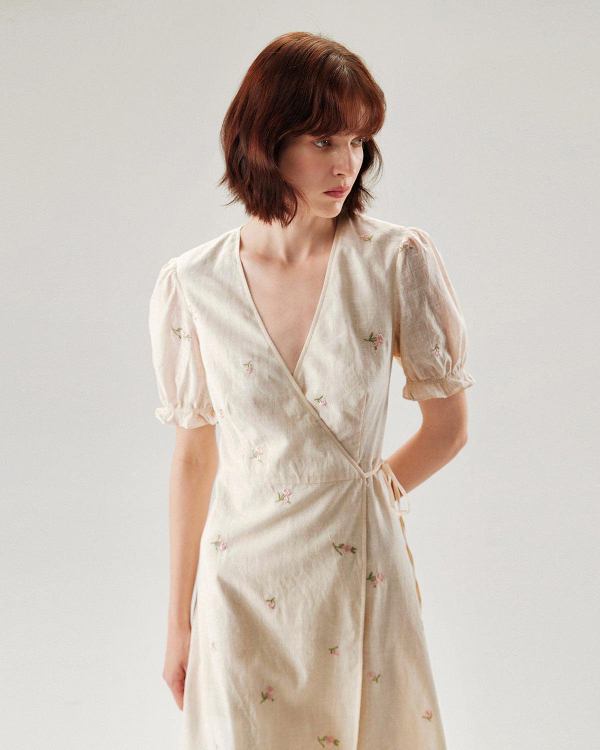 Beige Embroidery Puffed Sleeve Wrap Midi Dress Product Image
