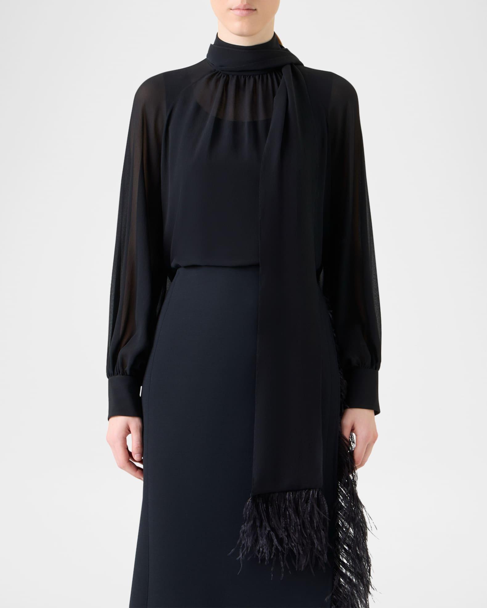 Feather-Trim Scarf Silk Georgette Blouse Product Image