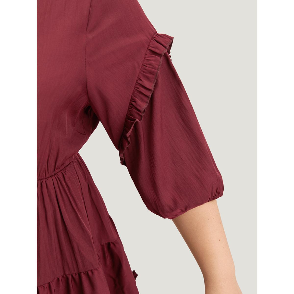 Plus Size Burgundy Plain Frill Trim Layered Hem Lantern Sleeve Blouse Women Elegant Elbow-length sleeve Round Neck Dailywear Blouses BloomChic 26/4X Product Image
