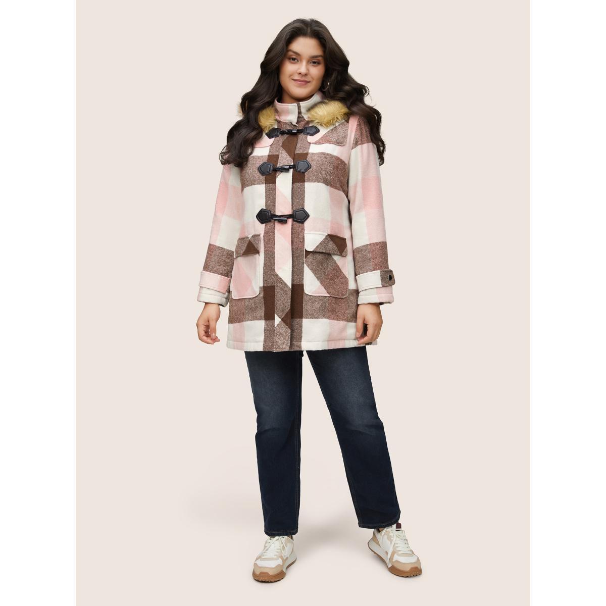 Plus Size Colorblock Contrast Fuzzy Trim Duffle Button Coat Women DustyPink Casual Lined Ladies Dailywear Winter Coats BloomChic 28/5X Product Image