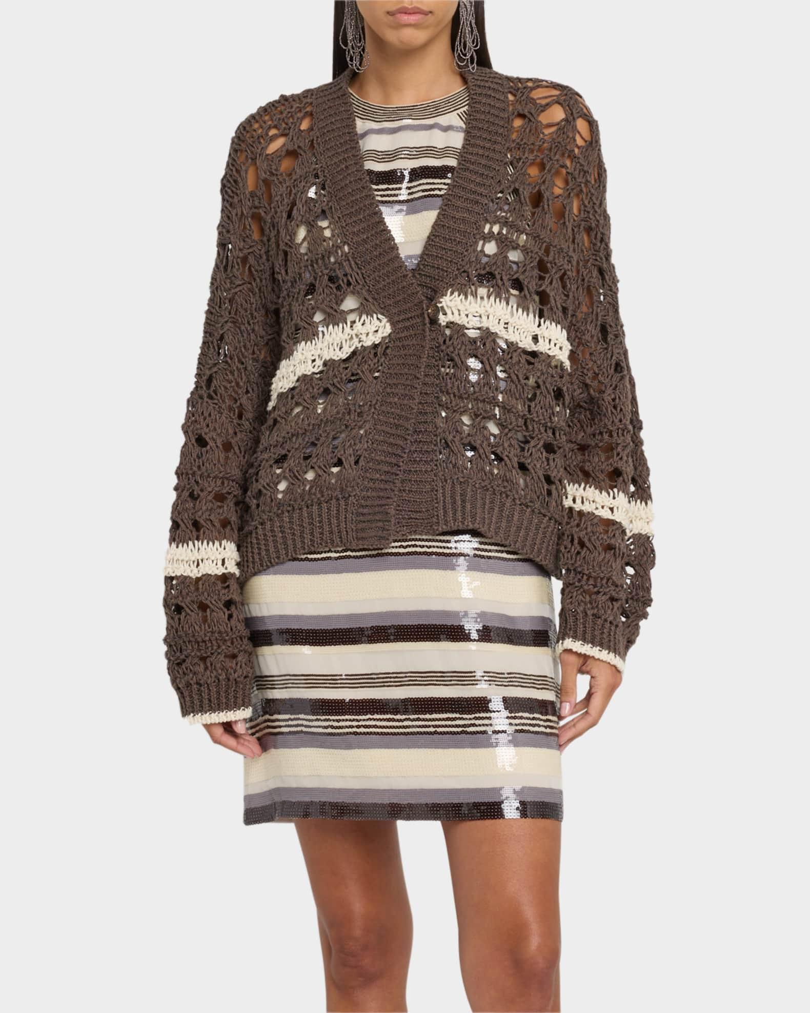 Stripe Cotton-Jute Open Knit V-Neck Cardigan Product Image