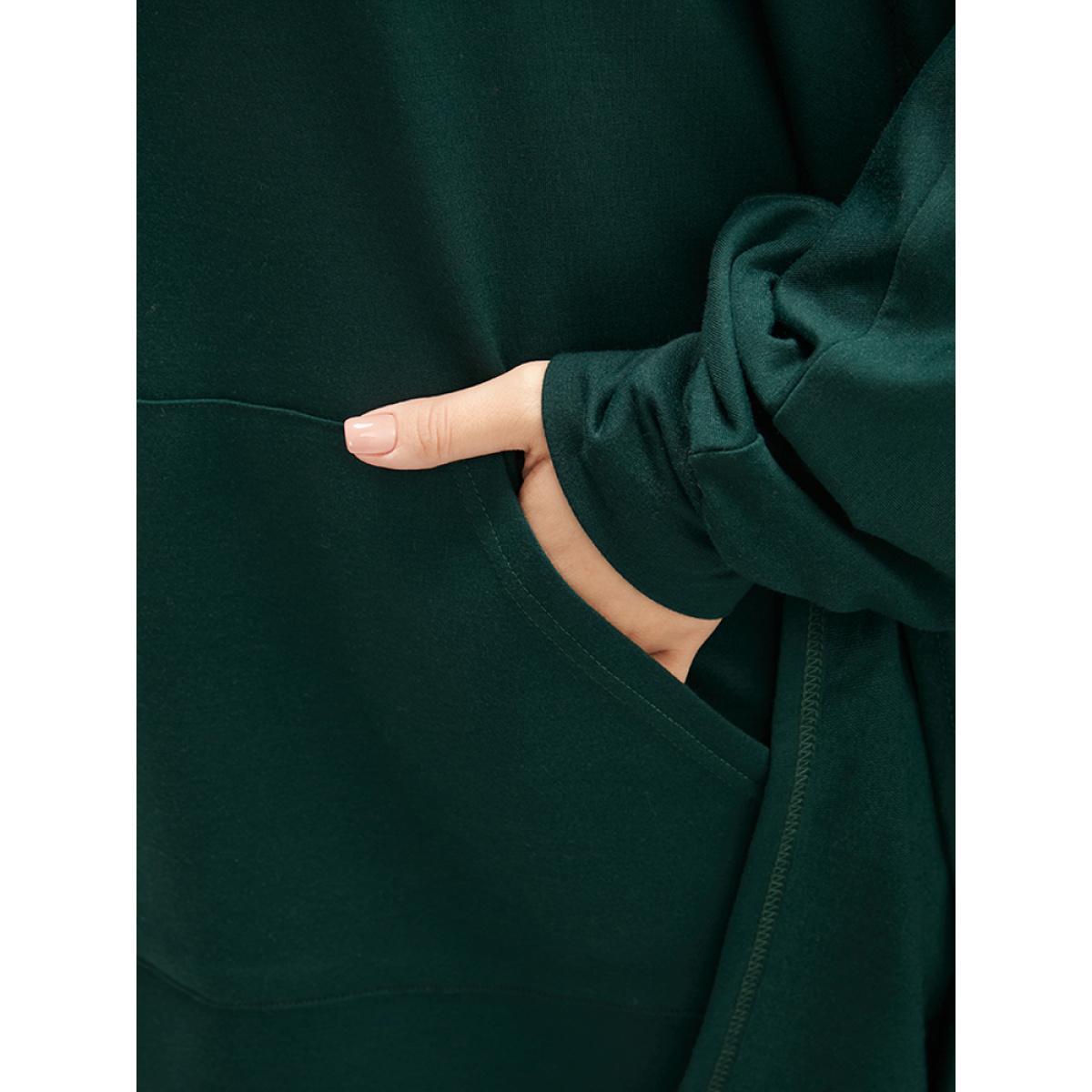 Plus Size Solid Pocket Dolman Sleeve Drawstring Sweatshirt Women DarkGreen Casual Asymmetrical Turtleneck Dailywear Sweatshirts BloomChic 26/4X Product Image