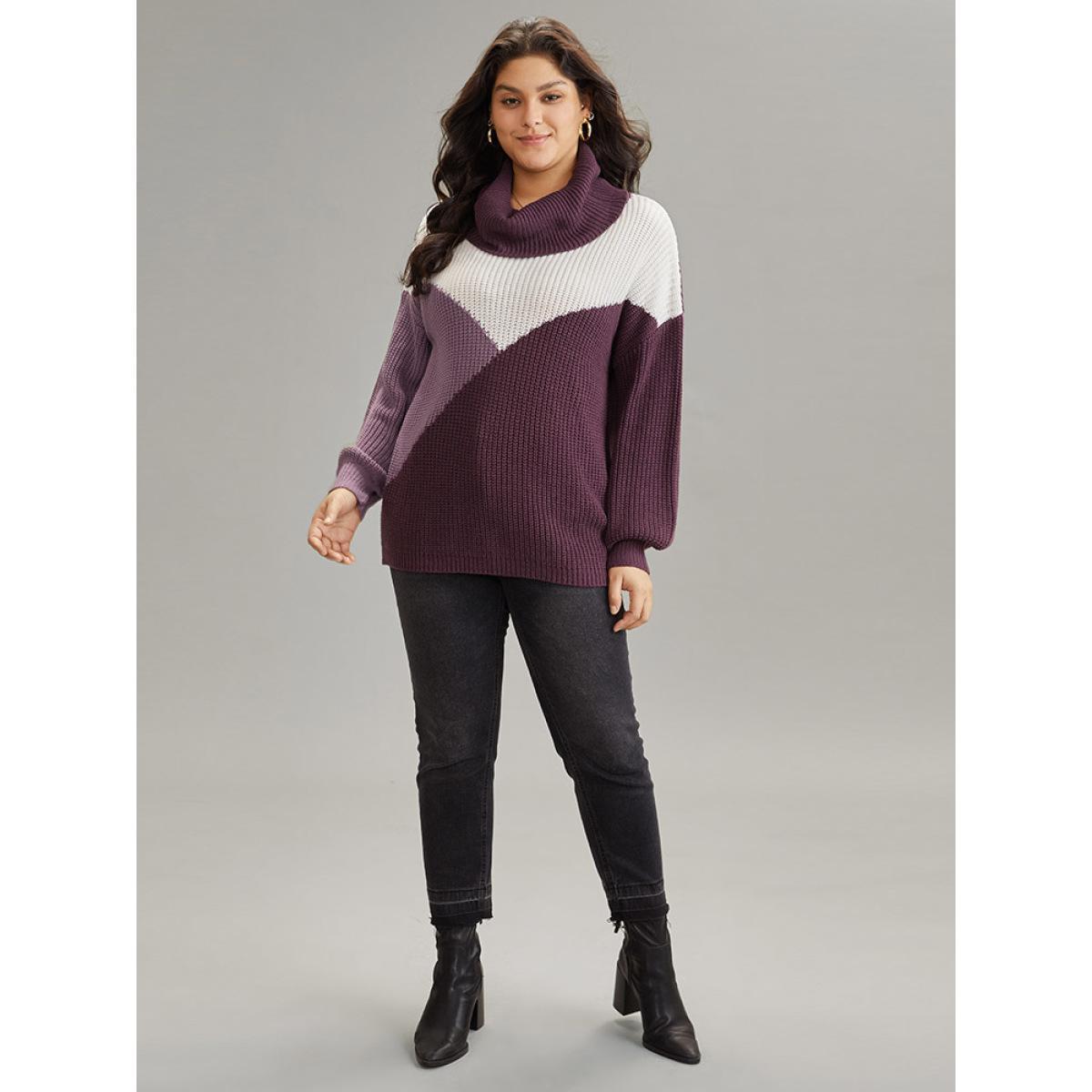 Plus Size Asymmetrical Colorblock Turtle Neck Drop Shoulder Pullover Purple Women Casual Loose Long Sleeve Turtleneck Dailywear Pullovers BloomChic 14-16/1X Product Image