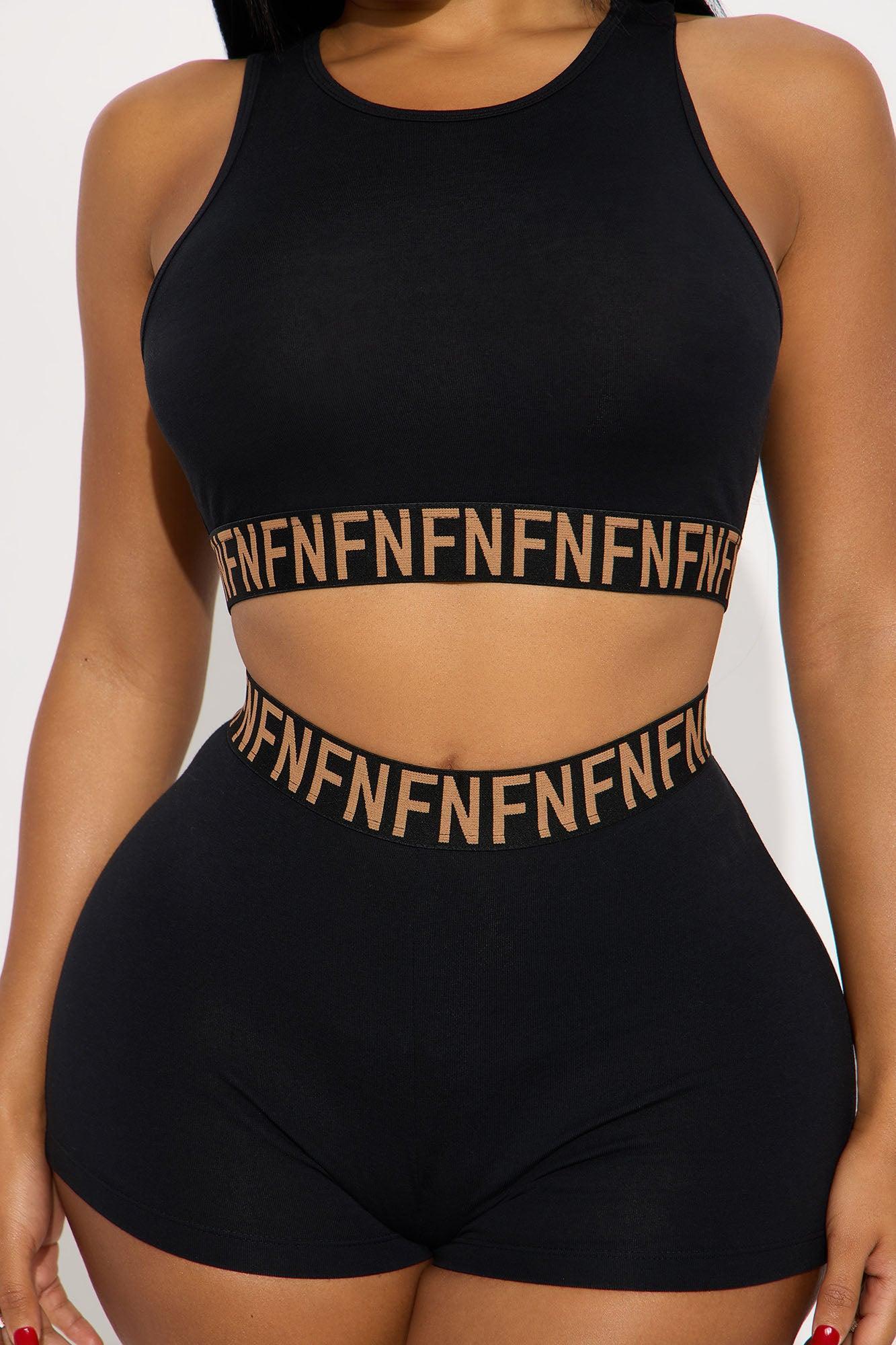 FN Mood High Neck Bra And Short 2 Piece Cotton Set  - Black Product Image
