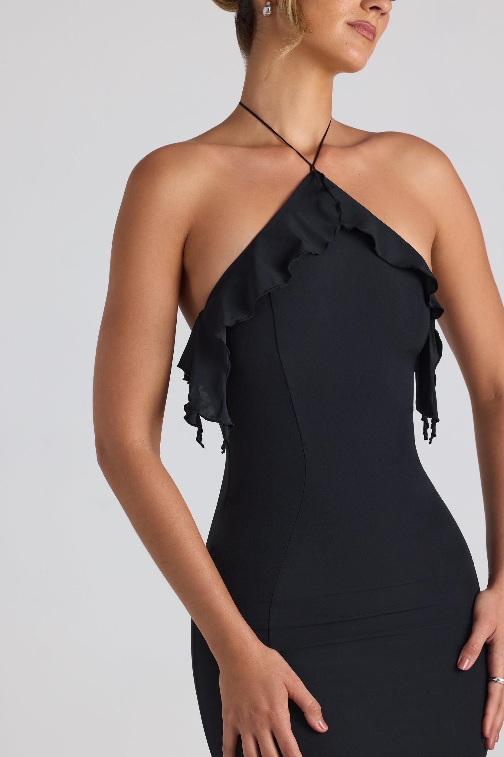 Ruffle-Trim Halterneck Gown in Black Product Image