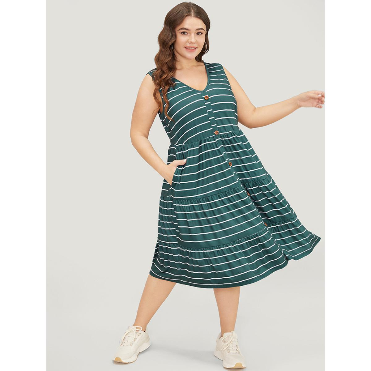 Plus Size Striped Print Button Detail Ruffle Tiered V Neck Tank Dress Cyan Women Casual Contrast V-neck Sleeveless Curvy Midi Dress BloomChic 10/M Product Image