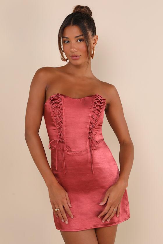 Enticing Aesthetic Rusty Rose Satin Lace-Up Strapless Mini Dress Product Image