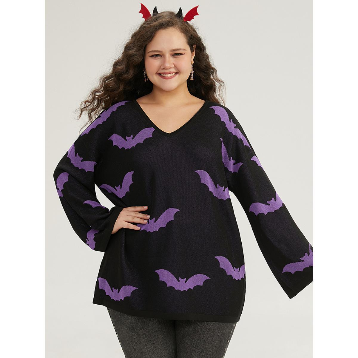 Plus Size Halloween V Neck Bell Sleeve Pullover Mauve Women Casual Loose Long Sleeve V-neck Dailywear Pullovers BloomChic 30/6X Product Image