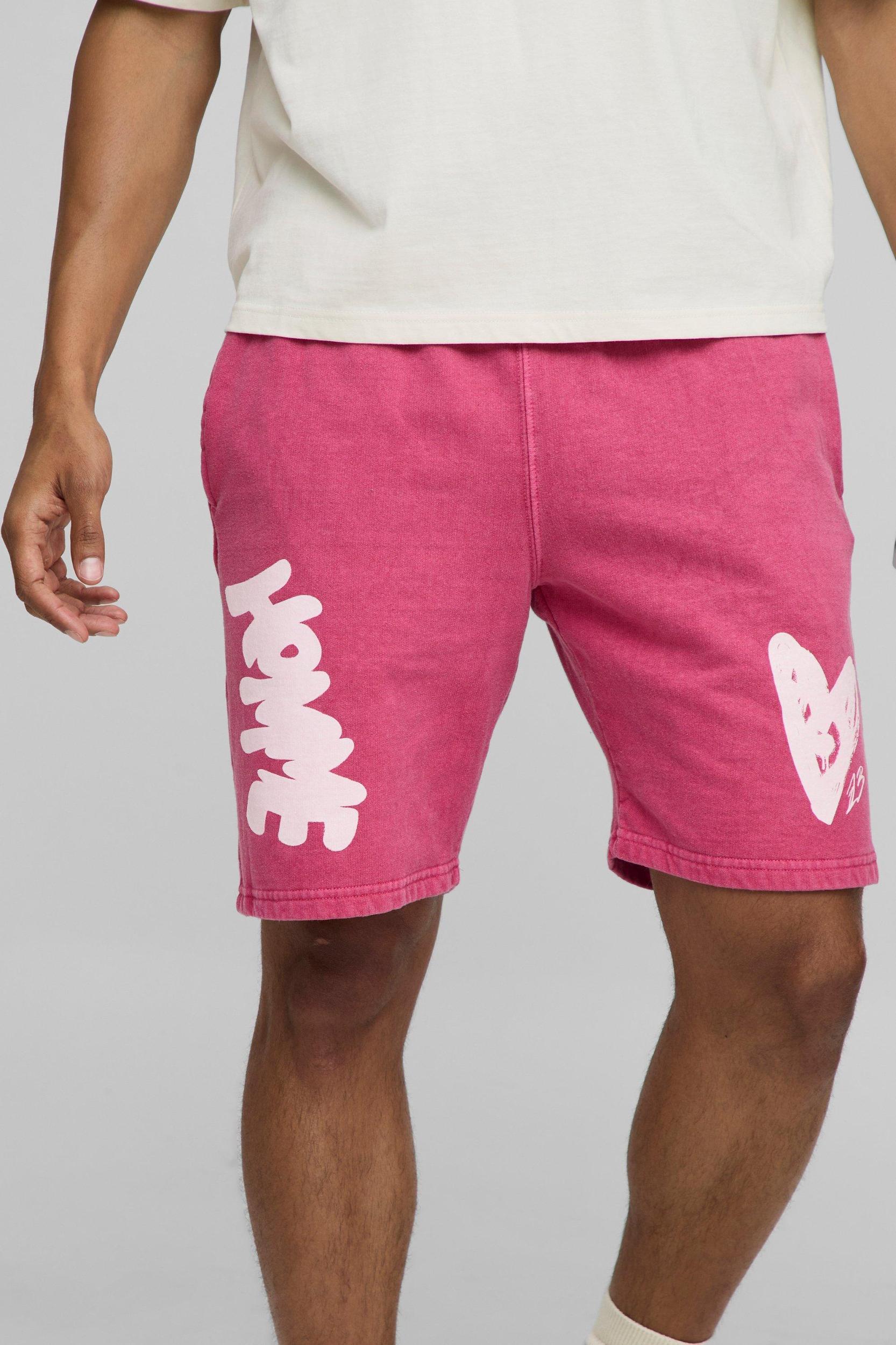 Regular Fit Homme Heart Graphic Washed Jersey Shorts | boohooMAN USA Product Image