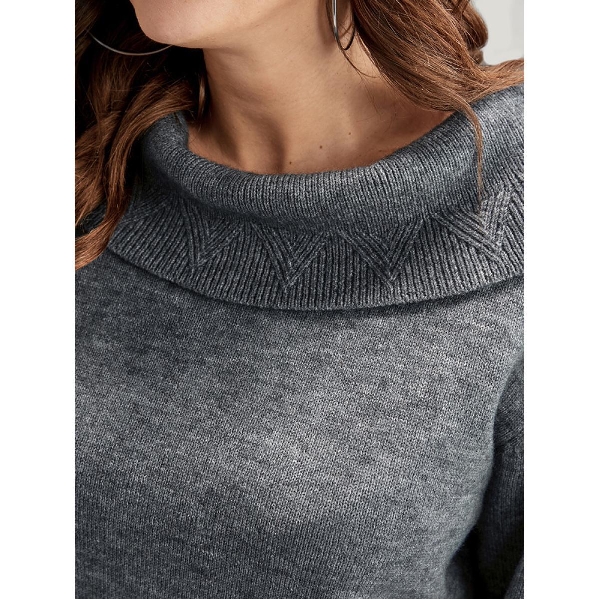 Plus Size Solid Pointelle Knit Foldover Off Shoulder Knit Top Gray Women Elegant Long Sleeve One-shoulder neck Dailywear Pullovers BloomChic 12/L Product Image