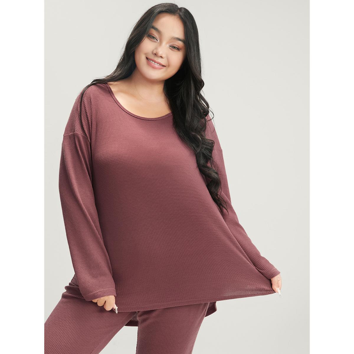 Plus Size Solid Asymmetrical Hem Waffle Knit Pajama Set Women Russet Plain Elastic Waist Long Sleeve Round Neck Casual Loungewear Sets BloomChic 28/5X Product Image
