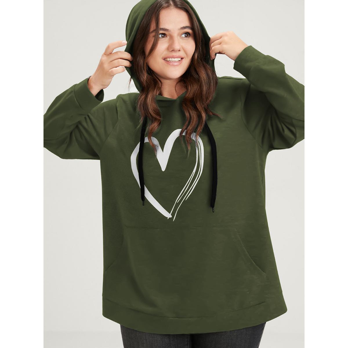 Plus Size Heart Print Drop Shoulder Pocket Drawstring Hooded Sweatshirt Women ArmyGreen Casual Plain Hooded Dailywear Sweatshirts BloomChic 30/6X Product Image