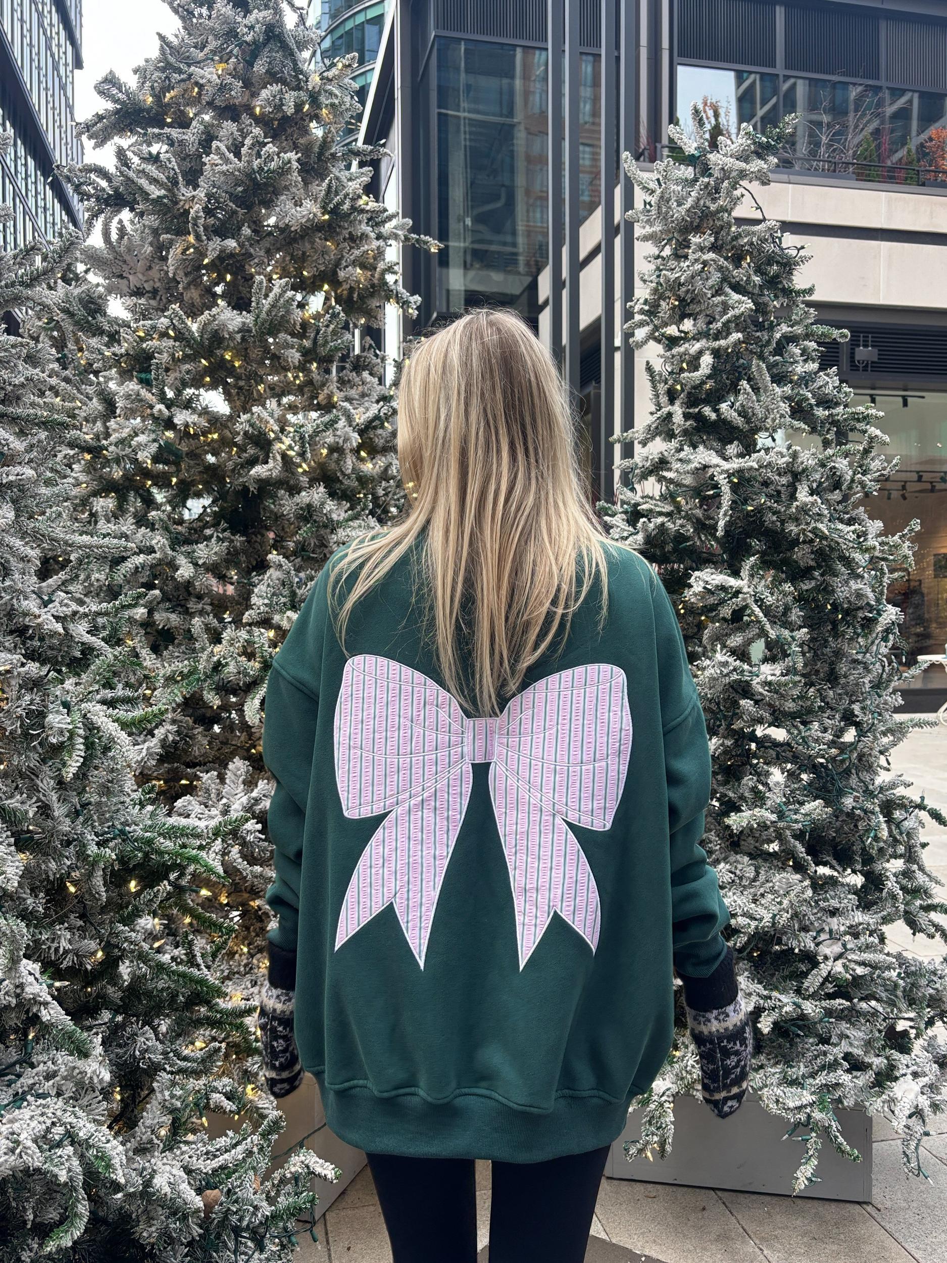 Winter Green Stripe Bow Embroider Sweatshirt Product Image