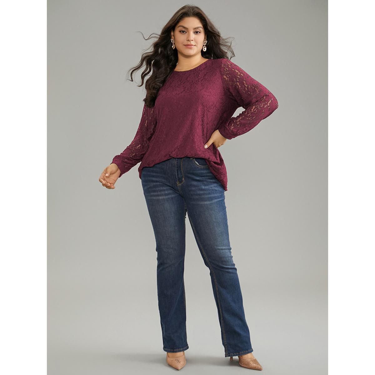 Plus Size Purple Solid Crochet Lace Mesh Crew Neck Blouse Women Cocktail Long Sleeve Round Neck Party Blouses BloomChic 26/4X Product Image