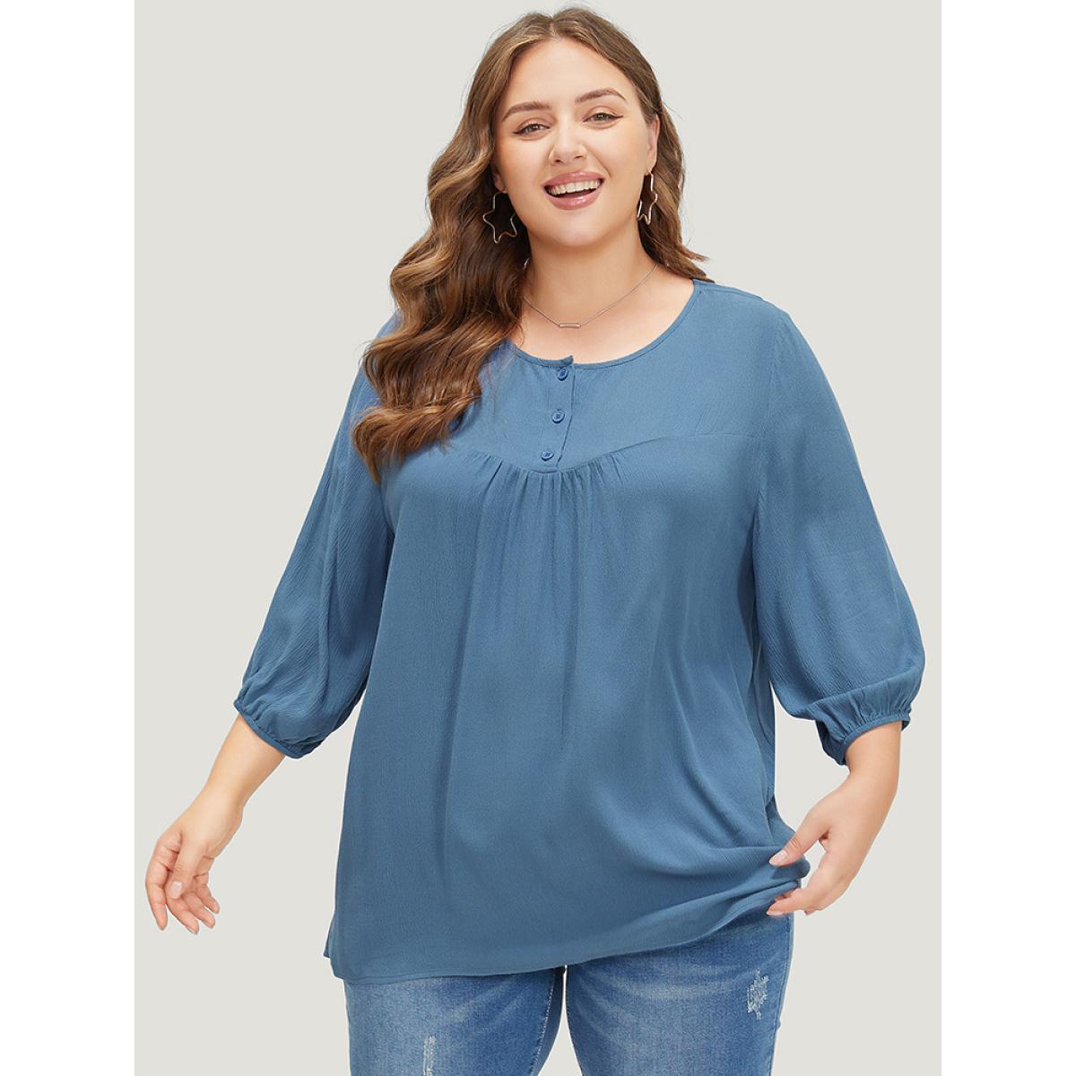 Plus Size Stone Plain Button Up Gathered Lantern Sleeve Blouse Women Elegant Elbow-length sleeve Round Neck Dailywear Blouses BloomChic 12/L Product Image