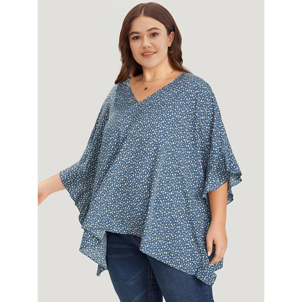 Plus Size Stone Leopard Print Ruffle Trim Asymmetrical Hem Batwing Sleeve Blouse Women Elegant Half Sleeve V-neck Dailywear Blouses BloomChic 30/6X Product Image