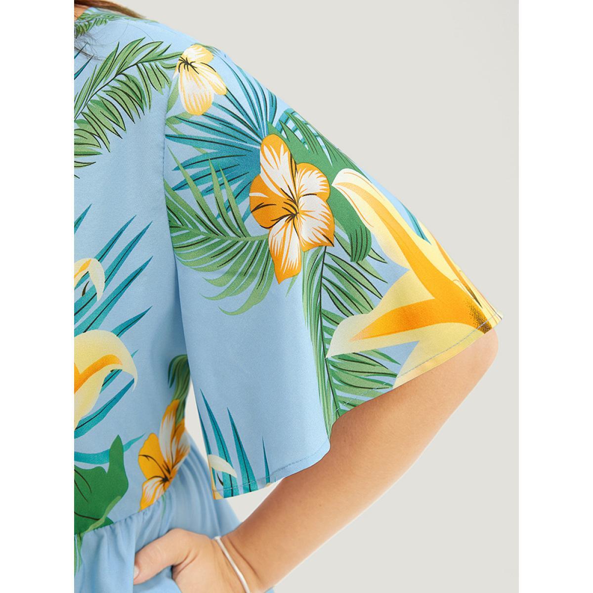 Plus Size Tropical Print Ruffle Sleeve Wrap Pocket Midi Dress LightBlue Women Elegant Elastic Waist V-neck Short sleeve Curvy Midi Dress BloomChic 12/L Product Image