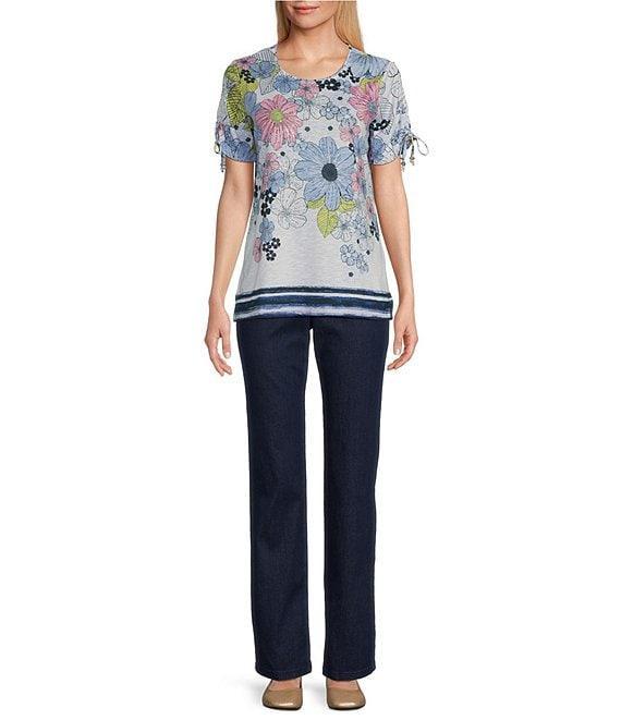 Allison Daley Daisy Cascade Border Print Short Ruched Tie Sleeve Crew Neck Knit Top Product Image