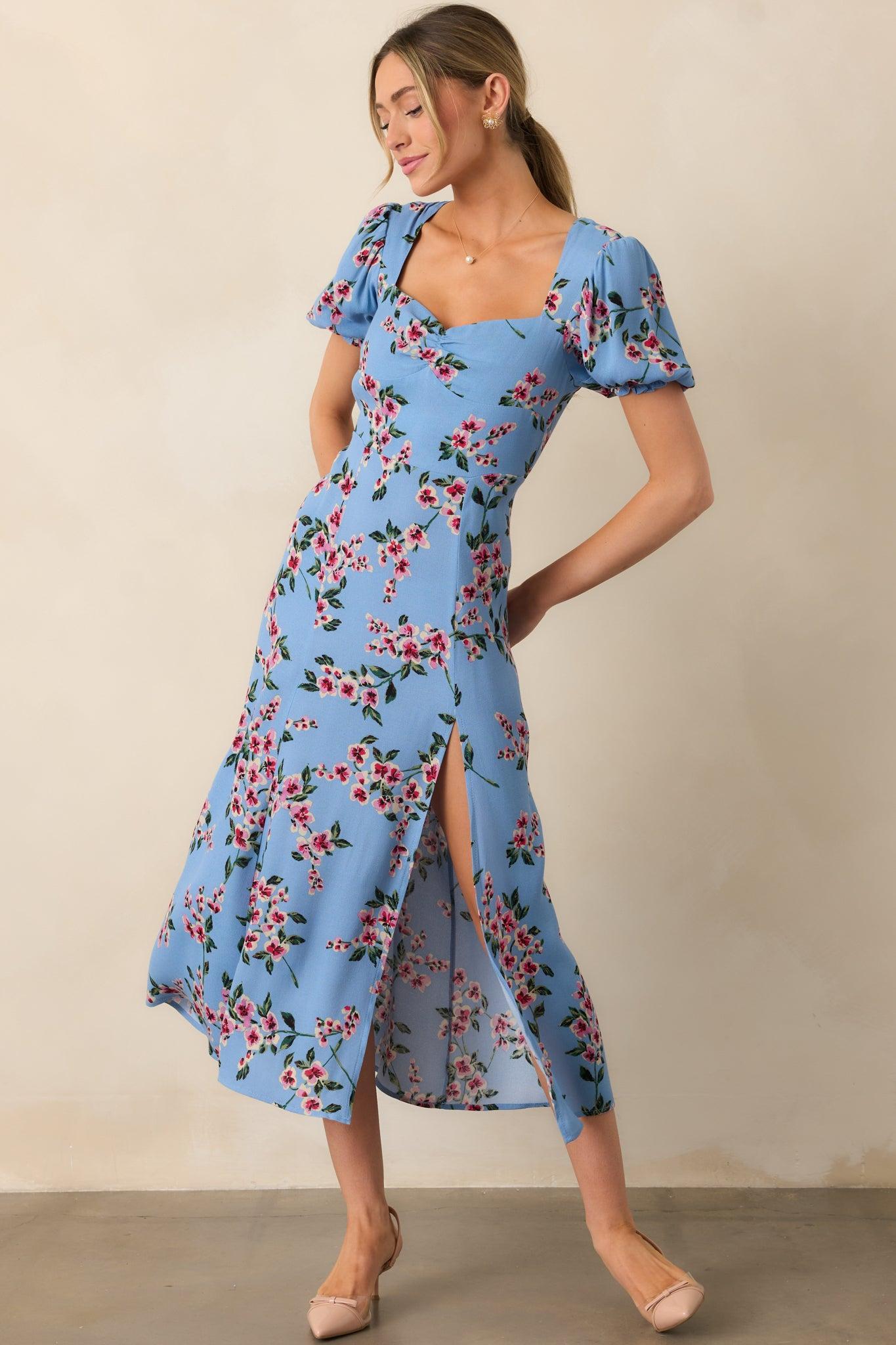 All Eyes On You Ash Blue Floral Puff Sleeve Midi Dress Product Image