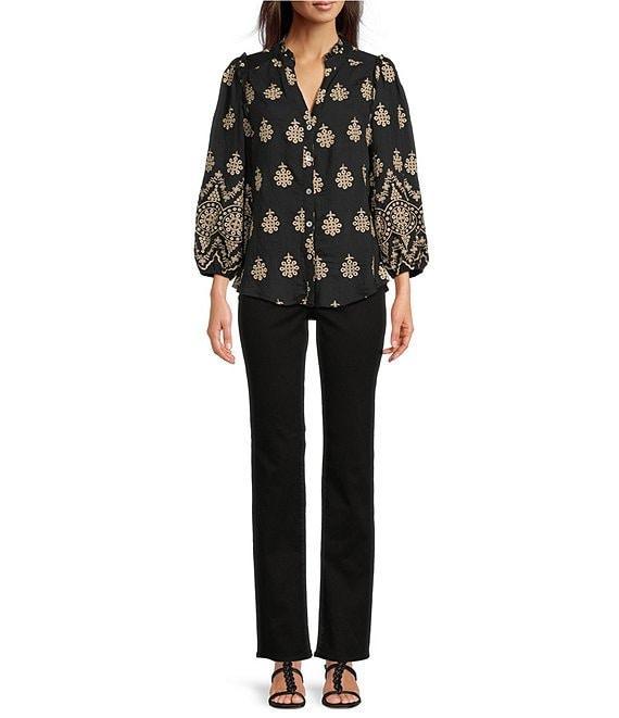 Calessa Embroidered Medallion Split V-Neck Wrist Sleeve Button Front Tunic Product Image