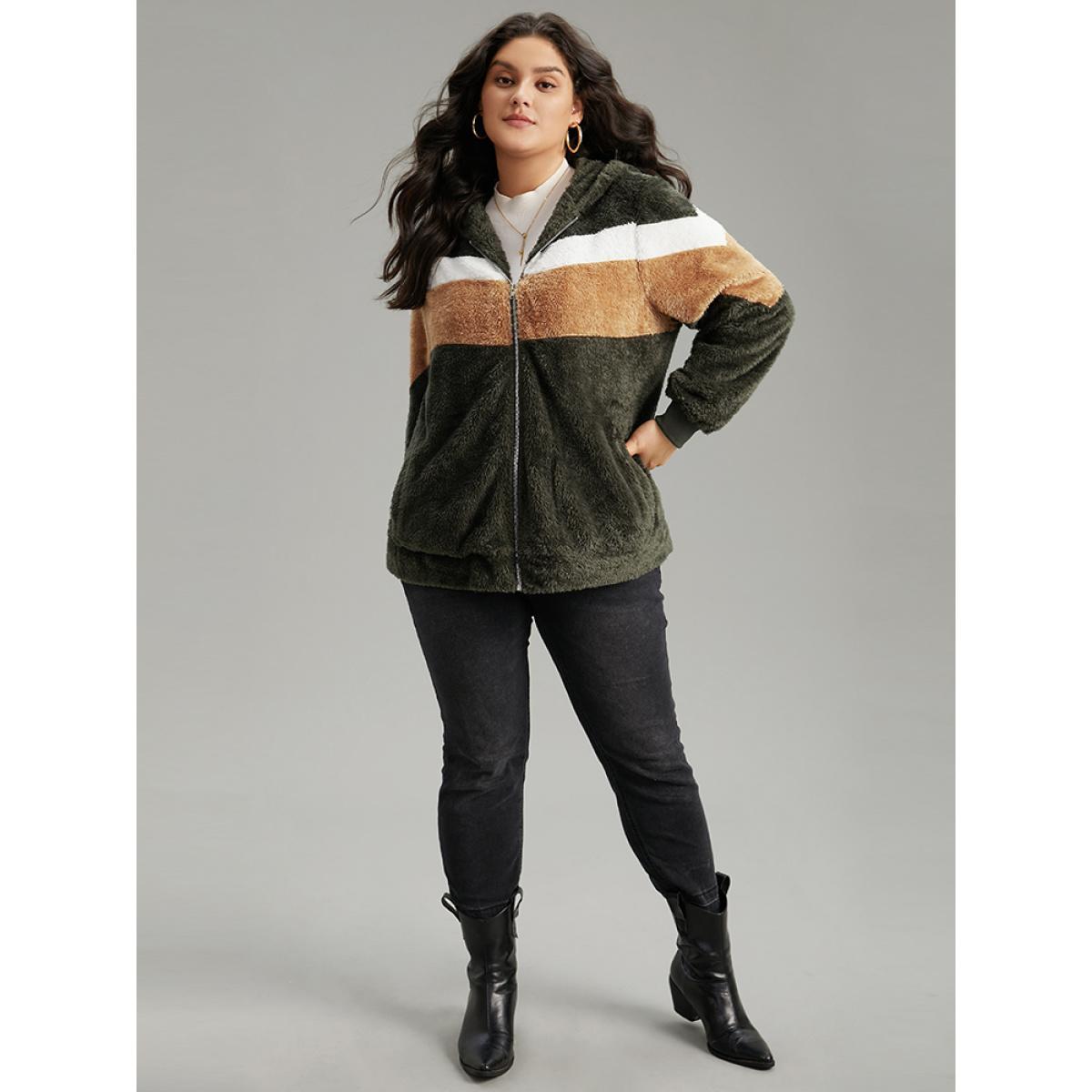 Plus Size Colorblock Contrast Fuzzy Zipper Jacket Women ArmyGreen Elastic cuffs Pocket Everyday Jackets BloomChic 26/4X Product Image