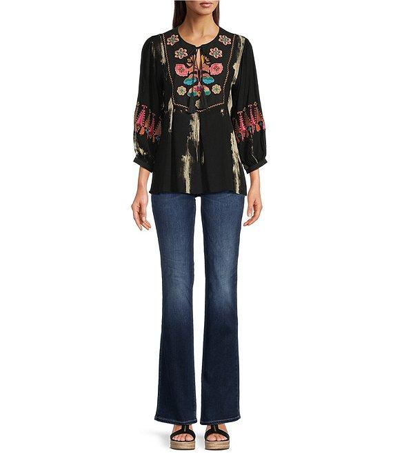 Calessa Petite Size Floral Tie-Dye Embordered Split Neck Tassel Tie Long Sleeve Tunic Product Image