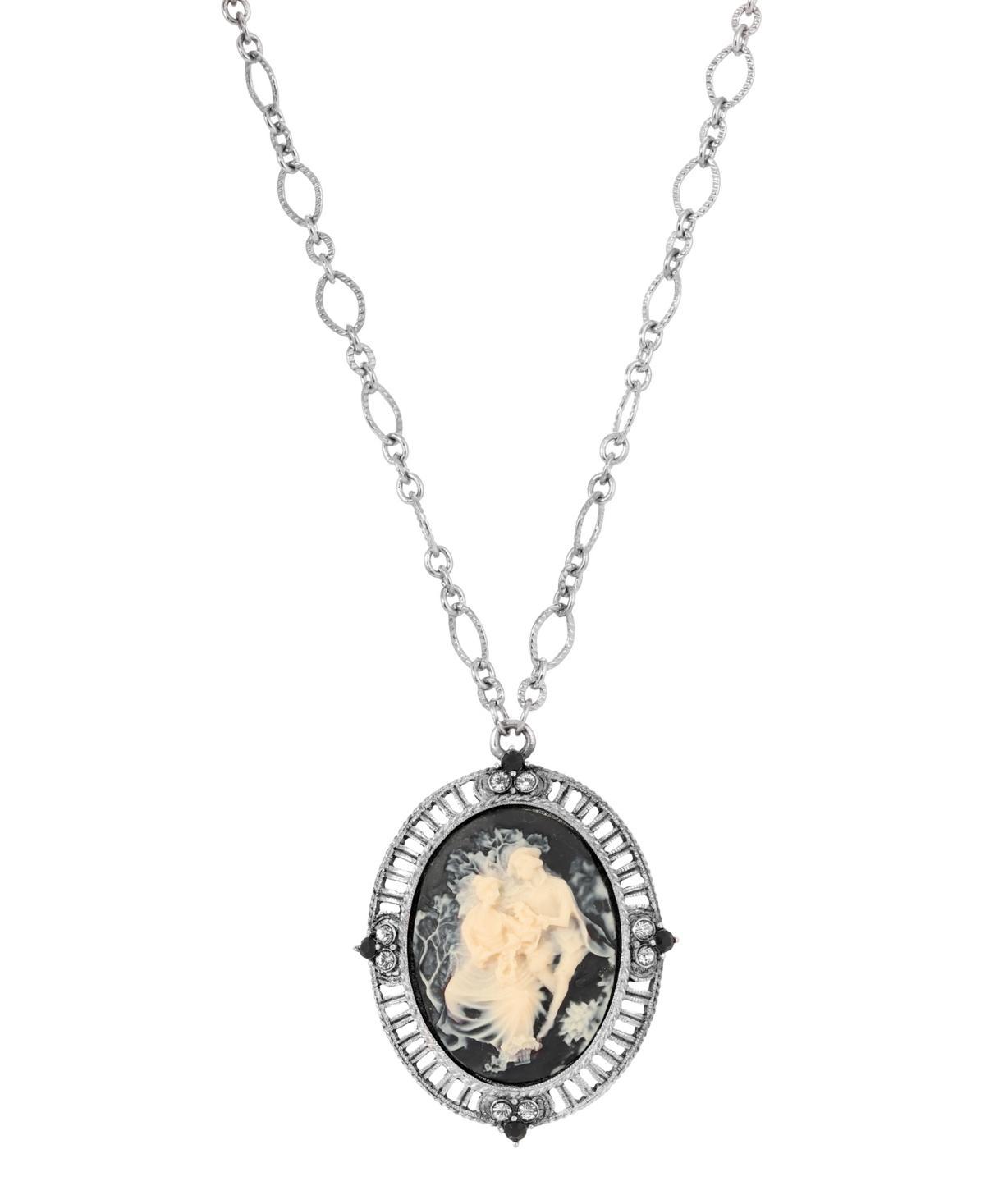 1928 Silver Tone Cameo And Stone Necklace, Womens, Black Product Image