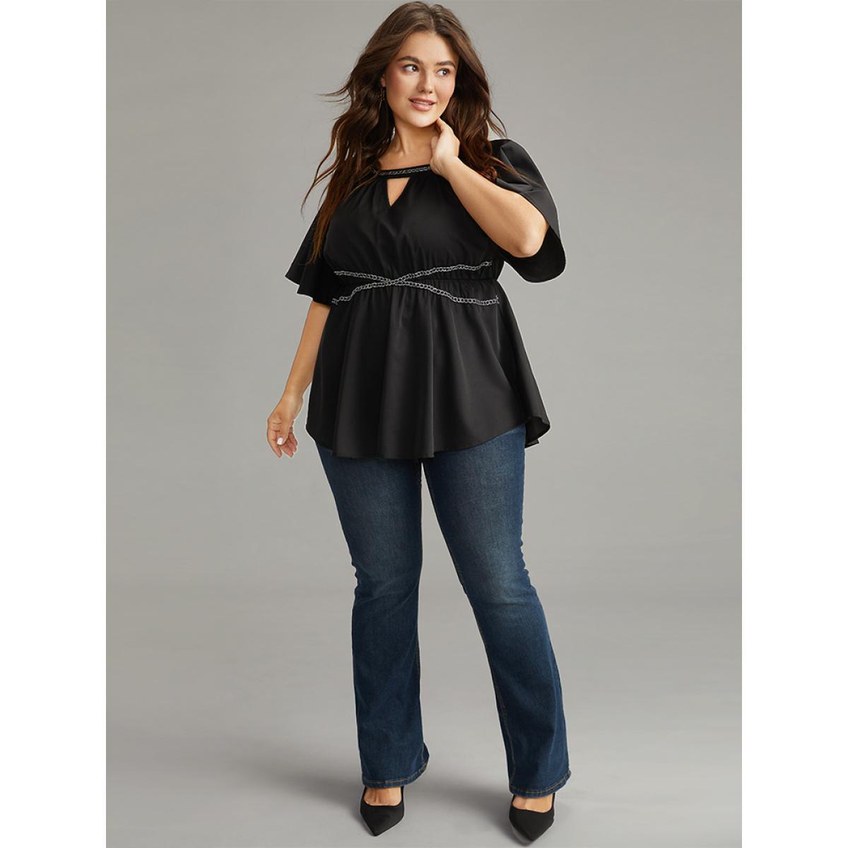 Plus Size Black Halloween Chain Print Keyhole Flutter Sleeve Blouse Women Glamour Half Sleeve Round Neck Festival-Halloween Blouses BloomChic 26/4X Product Image