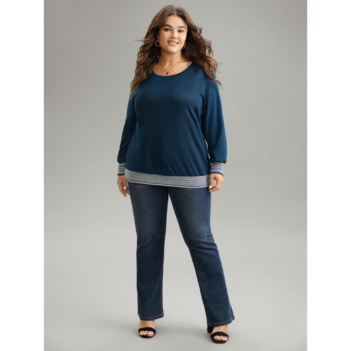 Plus Size Round Neck Shirred Contrast Raglan Sleeve T-shirt Indigo Women Elegant Contrast Plain Round Neck Dailywear T-shirts BloomChic 22-24/3X Product Image