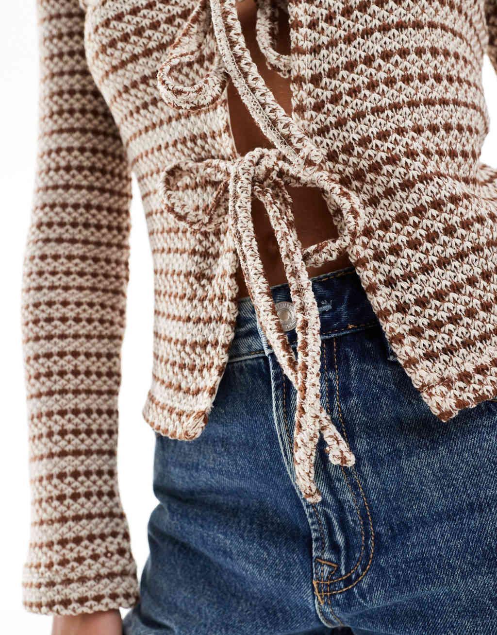 ASOS DESIGN knit look tie front top in beige and white stripe Product Image