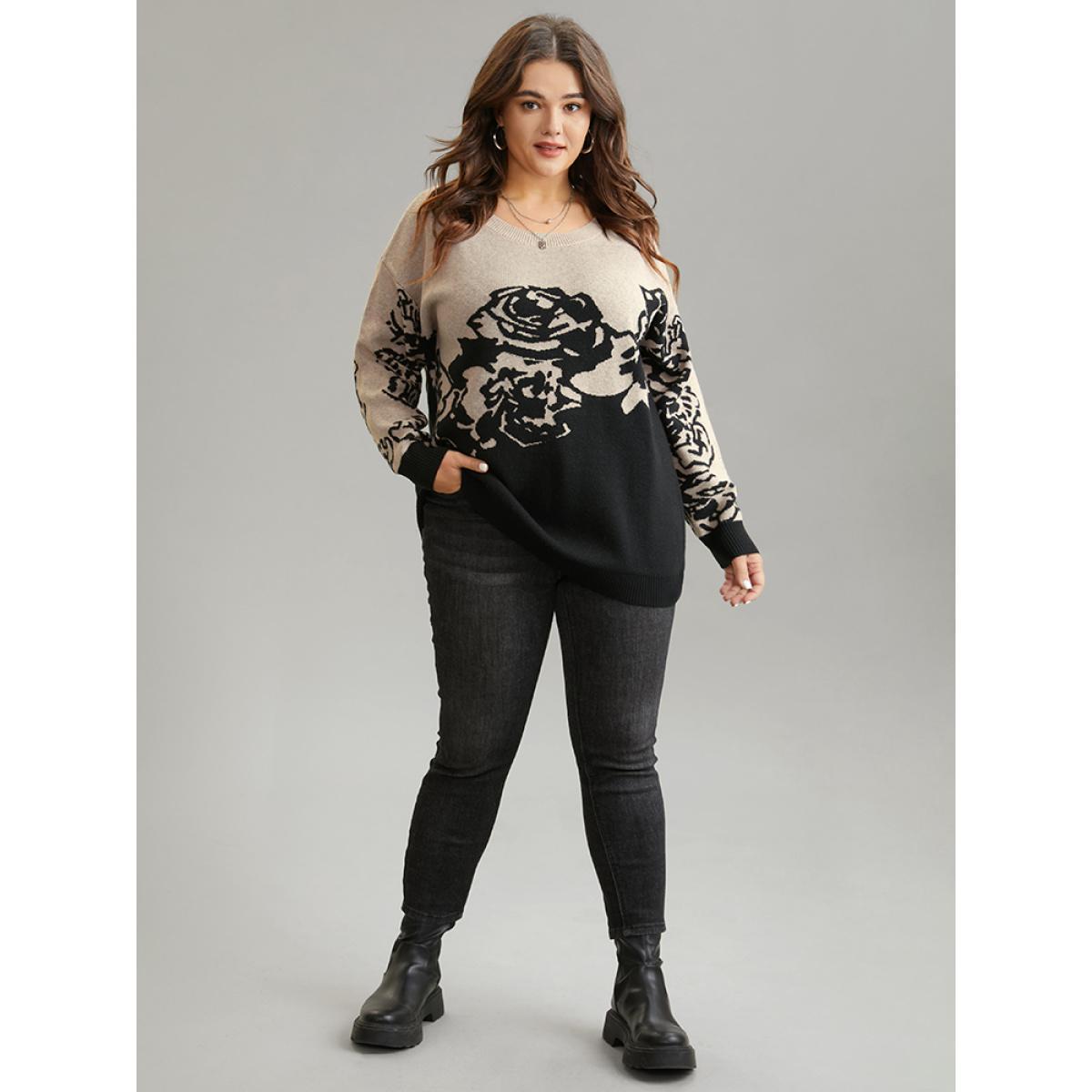 Plus Size Supersoft Essentials Rose Jacquard Contrast Pullover Black Women Casual Loose Long Sleeve Round Neck Dailywear Pullovers BloomChic 14-16/1X Product Image