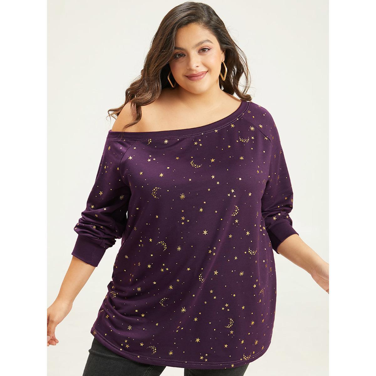 Plus Size Moon & Star Glitter One Shoulder Sweatshirt Women Eggplant Casual Elastic cuffs One Shoulder Dailywear Sweatshirts BloomChic 26/4X Product Image