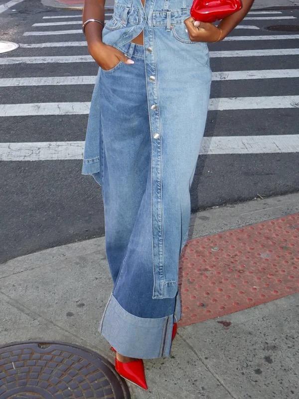 Column Loose Buttoned Solid Color Zipper Jean Pants Bottoms Trousers Product Image